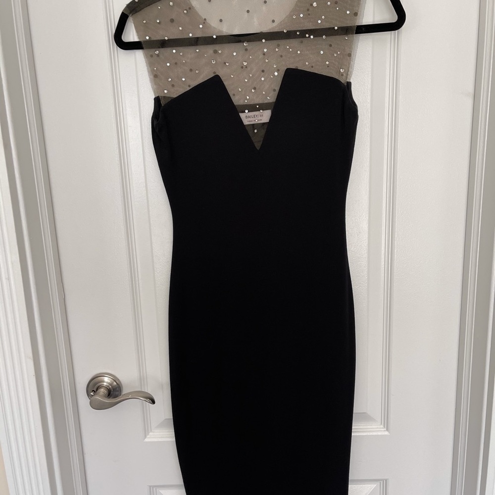 Bailey 44 xs black classy dress sheer rhinestones